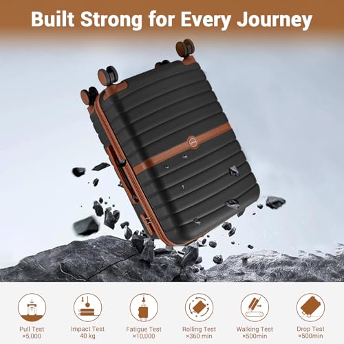 Kono Expandable 28 Inch Luggage with Spinner Wheels, Large Checked Luggage with Lock, Lightweight & Anti-Scratch PC+ABS Hardshell Travel Suitcase, Black/Brown
