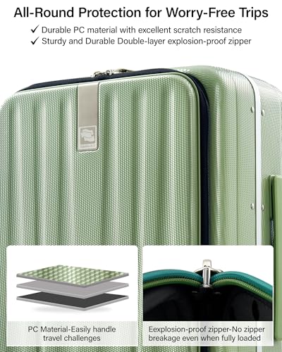 Hanke 24 Inch Checked Luggage PC Hard Shell luggage Top Opening Aluminum Frame Travel Luggage Suitcases with Wheels for Woman Men.(Bamboo Green)