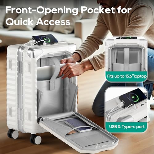 Joyway 20 Inch Carry on Luggage with Aluminium Frame and Front Pocket, PC Hardshell Suitcase with USB Port and Cup Holder, 21.5x14.2x9 Airline Approved, Luggage with Spinner Wheels and TSA Lock(White)
