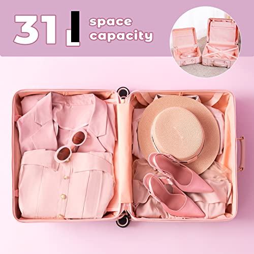 Miss.Box Vintage Carry On Luggage Set with Wheels for Women, Retro Trunk Style PU Leather Suitcase with Matching Vanity Case, 14” & 18” Set