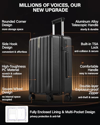 Hanke Upgraded Elite 24 Inch Checked Luggage,PC Hard Shell Suitcases with Wheels, TSA Lock, Explosion-Proof Zipper Suitcase for Business Travel Men & Women,Jet Black