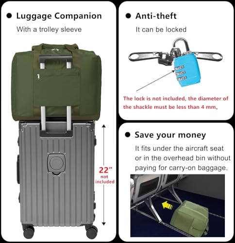 Vimapo Foldable Travel Duffle Bag with Trolley Sleeve 40L Capacity, Lightweight Packable Travel Duffel Bags with the Keyhole Zipper, Weekender Overnight Nylon Carry on Bag for Men & Women, Army Green