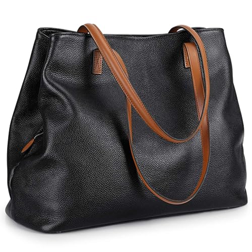 S-ZONE Leather Tote Bag for Women Zipper Pockets Shoulder Purses Handbags Large