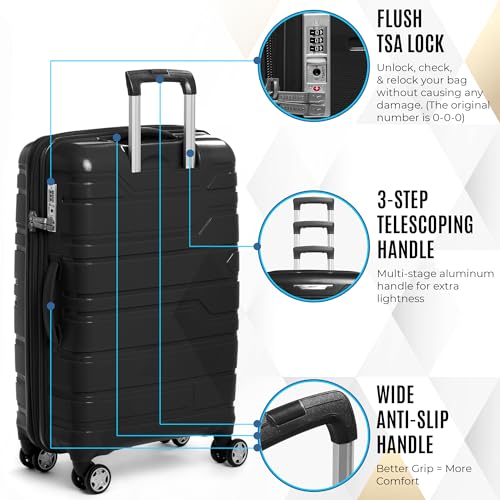 Gabbiano Unbreakable Hardshell PP Luggage Set Extra Large with 8 Wheels Thick Shell Multi Layer PP (Black, Carry-On 22 Inch)