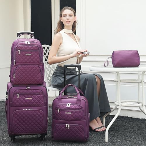 LARVENDER Softside Carry On Luggage 4 Piece, Expandable Carry On Luggage 22x14x9 Airline Approved Underseat Suitcase with Spinner Wheels TSA Lock, Purple (16/20/BP/TB)