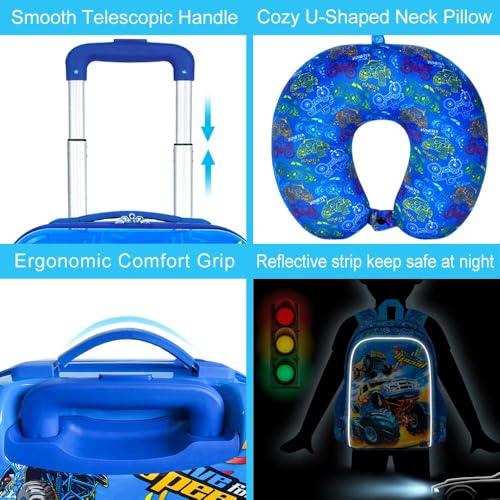 5PCS Kids Luggage Set, Airline-Approved Carry-On with 360°Spinner Wheels, Cute Travel Suitcase for Boys & Toddlers - Dynamic Dual-Truck Blue