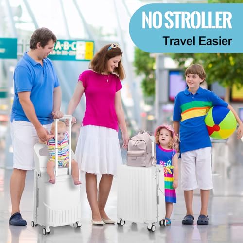 Bulyoou Carry on Luggage with Seat for Kids Expandable Ride on Suitcase with Spinner Wheels and Locks for Travel (20 Inch,White)