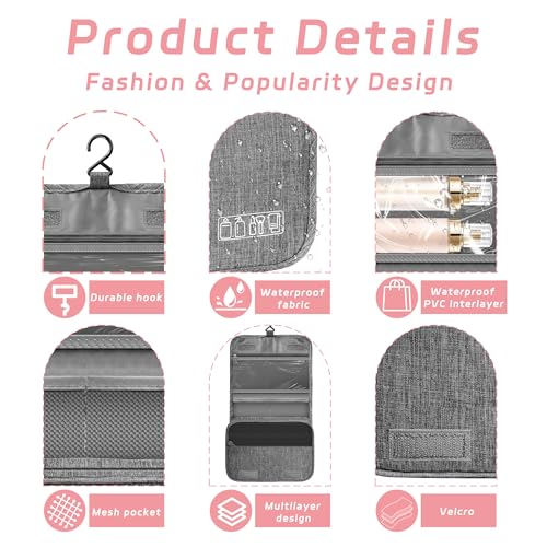 Toiletry Bag Travel Bag with Hanging Hook, Waterproof Shower Bathroom Hanging Toiletry Bag for Men Women,Small Multifunctional Makeup Cosmetic Bag,Portable Toiletries Bag Travel Organizer (Grey)