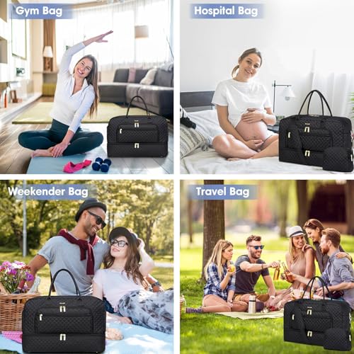 LUOCIP Large Women Travel Duffle Bag, Carry on Bag with Wet Toiletry Pocket for Overnight, Weekend, Yoga, Gym, Business Trips, Sport and Hospital, Black
