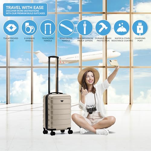 Flight Knight 22x14x9 Expandable Carry On Suitcase Hardside TSA Lock USB C Port Lightweight Luggage Silent Double Spinner Wheels Maximum Overhead Carry-On Bag American United Approved Champagne
