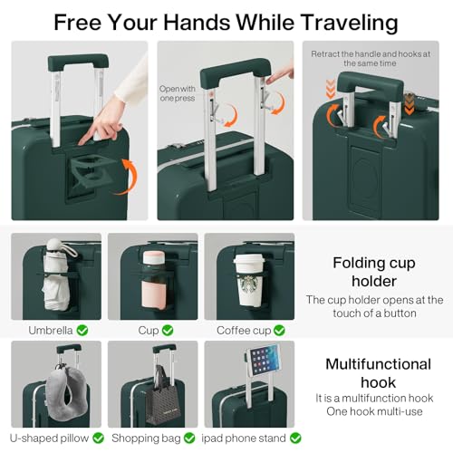 mixi Large Checked Luggage with Cup Phone Holder and Charger Hard Shell Suitcases with Spinner Wheels, 26 Inch Blackish Green