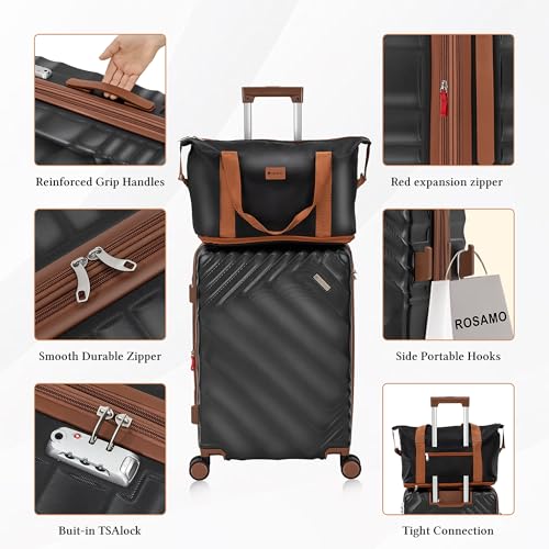 Rosamo 6 piece Luggage Set Expandable Suitcase 22x14x9 Airline Approved Carry on, ABS Hard Case Suitcases with Spinner Wheels, TSA Lock, (Black)