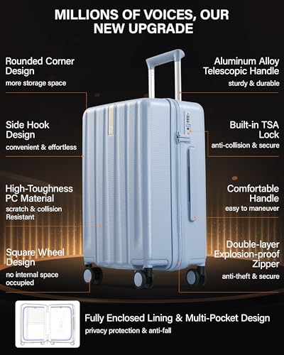 Hanke Upgraded Elite 24 Inch Checked Luggage,PC Hard Shell Suitcases with Wheels, TSA Lock, Explosion-Proof Zipper Suitcase for Business Travel Men & Women,Mist Blue