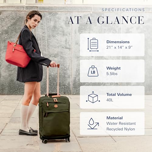 Bric's X-Travel 21” Carry-On Spinner – Airline Approved Luxury Softside Luggage with 360° Wheels, Recycled Water-Resistant Fabric, Interior Pockets, and Leather Details – Olive