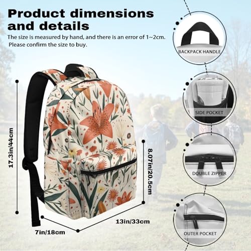 Warmkitty Pastoral Lily Blooms Print Vibrant Flower Design Kids Backpack with Side Pocket School Bookbag for Students Boys Girls