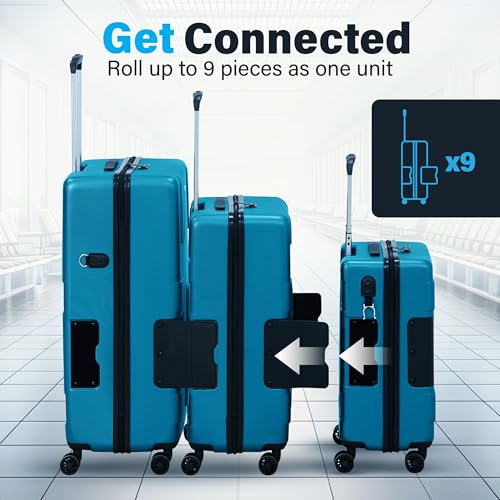 TACH Patented Connecting Hard Shell 3 Piece Luggage Set - 20, 24 & 28 inch Luggage | Carry-On, Medium & Large Rolling Suitcases - Sky Blue