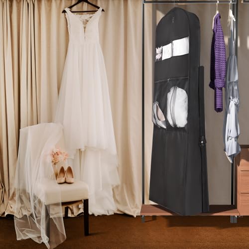 Univivi Wedding Dress Travel Bag for Airplane, Extra Long Wedding Gown Garment Bag with Accessory Pockets, 72 Inch Trifold Heavy Duty Dress Bags for Gowns for Travel and Closet Storage (Black)