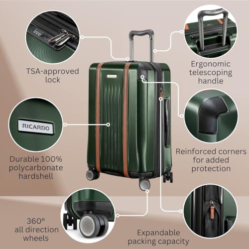 Ricardo Beverly Hills Montecito 2.0 Hardside with Dual Spinning Wheels, Expandable with Comfort Grip for Easy Packing and Moving, Men and Women, Hunter Green, Check-In Medium 25-Inch