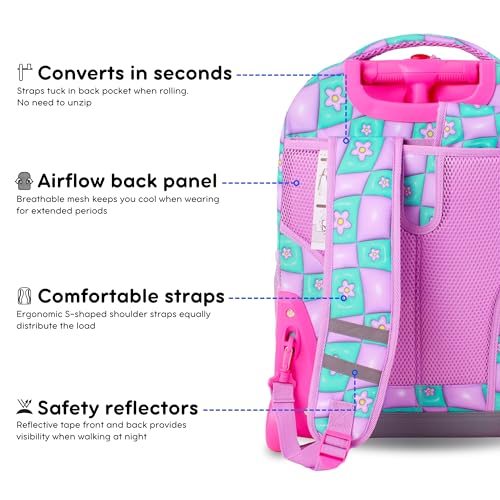 J World Sunrise Kids Rolling Backpack with Wheels for Girls Boys, Roller Bookbag for School, 18 x 13 x 9 Inches, Puffy Flower