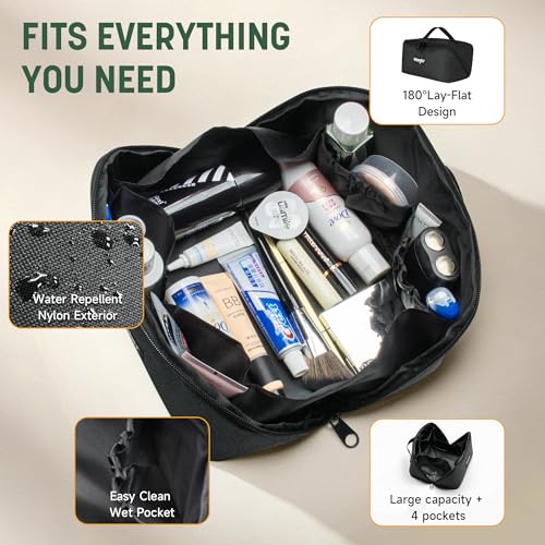 Wrangler Travel Toiletry Bag for Men & Women, Large Capacity Makeup Organizer with 4 Pockets, Water-Resistant Nylon, 180° Lay-Flat Cosmetic Bag with Handle & Double Zipper for Travel, Bathroom & Gym