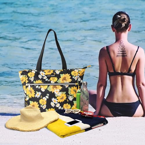 Betsey Johnson 15.6 Inch Zipper Beach Tote Bag with Cosmetic Pouch Lightweight Large Durable Polyester with Mesh Side Pockets for Gym Work, Sunflowers
