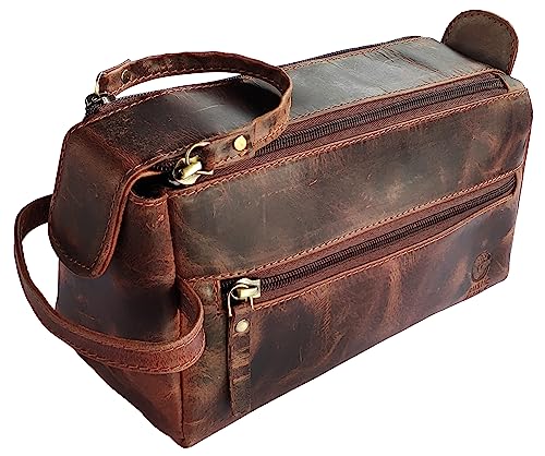 RUSTIC TOWN Leather Toiletry Bag – Stylish & Durable Ditty Kit with Water Resistant Lining – Travel Shaving Kit Organizer for Bathroom & Overnight Trips - Great Gift for Men & Women
