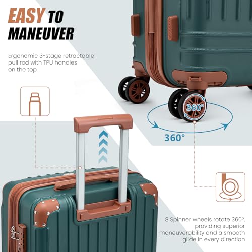 KUNEL Expandable 5 Piece Luggage Sets with Detachable Spinner Wheels and TSA Lock, Unisex Hardside ABS Suitcase Set, Hardshell Lightweight Waterproof Travel Hard Case Suitcases with Wheels, DarkGreen