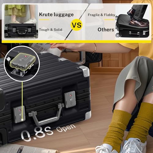 Krute Zipperless Luggage 24 Inch Aluminum Frame Suitcase with Spinner Wheels PC+ABS Hardide Checked Luggage TSA Approved No Zipper Travel Suitcase Black