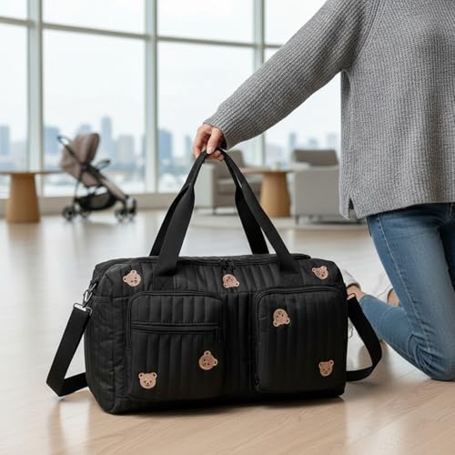 ALINUOYQ Quilted Diaper Bag Tote Cute Large Baby Bag for Mom, Hospital Bags for Labor Delivery, Weekender & Overnight Travel Duffel Bags for Women, Pañaleras para Bebe