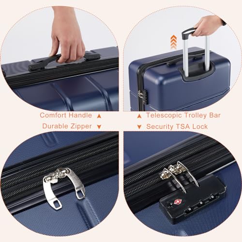 Sweetcrispy 3 Piece Luggage Set, ABS Hard Shell Carry On Suitcase with Smooth Spinner Wheels and TSA Lock, Lightweight Rolling Travel Luggage 20/24/28 Inch for Travel Business Vacation, Navy Blue