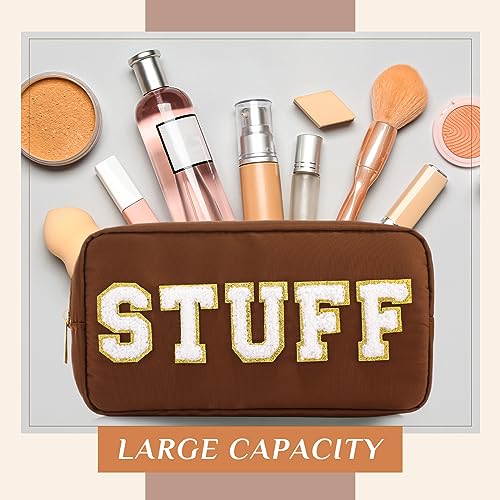 Cunno Preppy Makeup Bags Chenille Letter Stuff Bag Nylon Cosmetic Pouch Cases with Zipper for Women Travel Toiletry(Brown Set,Classic,4 Pcs)