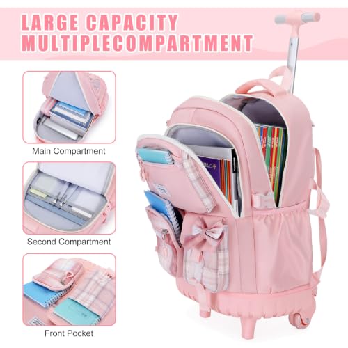 Bevalsa Rolling Backpack for Girls, Roller Backpack with Wheels, Cute Bow Plaid Wheeled School Bookbag Set with Lunch Bag & Pen Case, Suitcases for Kids Teens Elementary Middle Student (Pink)