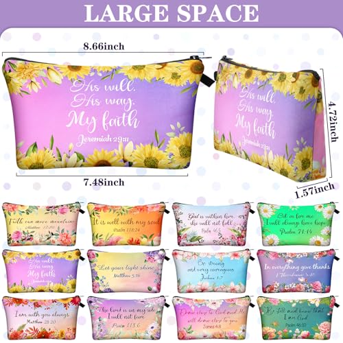 Chunful 12 Pcs Inspirational Christian Gifts Religious Makeup Bags Bulk for Women Bible Verse Flower Cosmetic Bag Gift for Church Ladies, 7.48 x 4.72 Inch(Stylish)