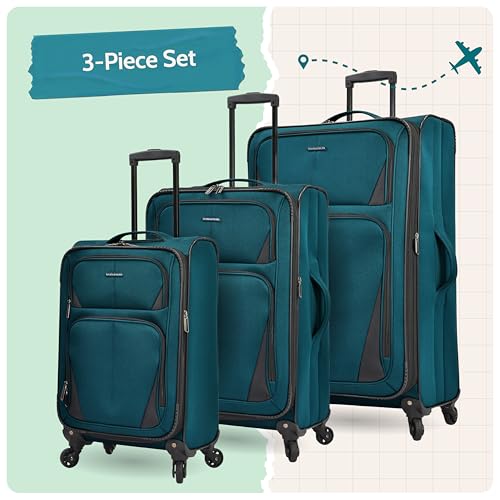 U.S. Traveler Aviron Bay Expandable Softside Luggage with Spinner Wheels, Teal, 3-Piece Set