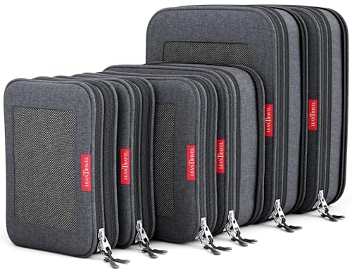 LeanTravel Premium Compression Packing Cubes for Travel - Suitcase Organizer Bags with Double Zipper & Breathable Mesh Panel - Space Saving Carry On Luggage Essentials (6-Pack Black)