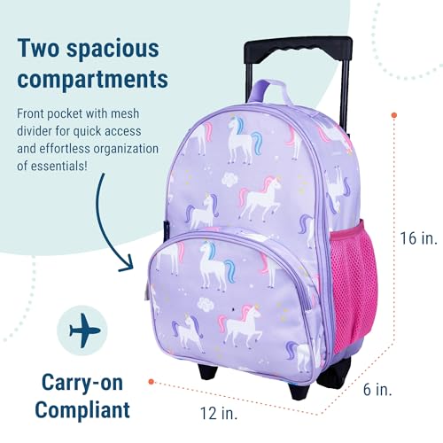 Wildkin Kids 16 Inch Rolling Luggage for Boys & Girls – Lightweight Carry-On Suitcase with Telescoping Handle & Rolling Wheels for School, Travel & Overnight Trips, Ages 3–7 – Unicorn