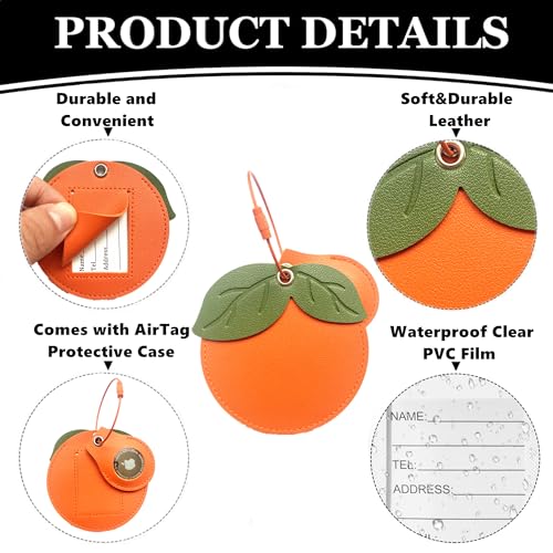 Cute Leather Luggage Tag Holder with Airtag Case Set,Hidden Compartment for AirTag Travel Suitcase Tracking Case with Stainless Steel Loop,Name ID Label(Persimmon)