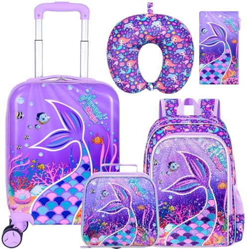 5-Piece Kids Luggage Set – Enchanting Hardshell Girls Suitcase with 360° Spinner Wheels, Lightweight Airline-Approved Carry-On (16") for Travel, Mermaid Purple
