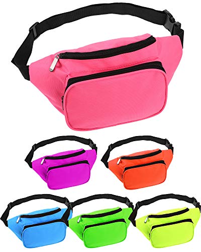 Weewooday 6 Pieces Neon Fanny Pack Adjustable Waist Bag 80s 90s Party Fanny Bags 2 Retro Zippers Travel Running Pack for Outdoor Rave Party Women Men Favors Gifts Supplies