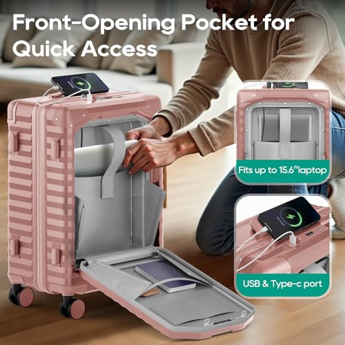 Joyway 20 Inch Carry on Luggage with Front Pocket, PC Hardshell Suitcase with USB Port and Cup Holder, 21.5x14.2x9 Airline Approved, with Spinner Wheels and TSA Lock, Rosa Gold