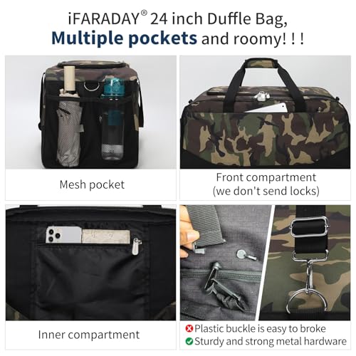 iFARADAY 47L Mens Duffel Bag for Travel with Shoe Compartment, Large Gym Bag for Men with Luggage Sleeve, Weekender Overnight Bag (Camouflage)