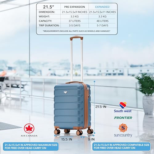 Flight Knight 21.5x15.5x9 Expandable Carry On Suitcase Hardside TSA Lock & USB C Port Lightweight Luggage Silent Double Spinner Wheels Maximum Canada Air Overhead Bag Airlines Approved Blue/Tan
