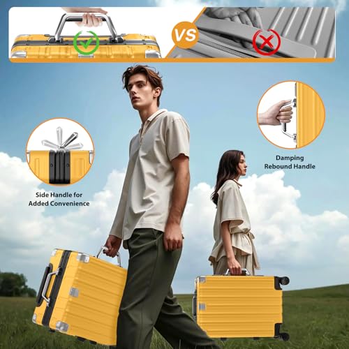 Krute Zipperless Luggage 24 Inch Aluminum Frame Suitcase with Spinner Wheels PC+ABS Hardide Checked Luggage TSA Approved No Zipper Travel Suitcase Yellow