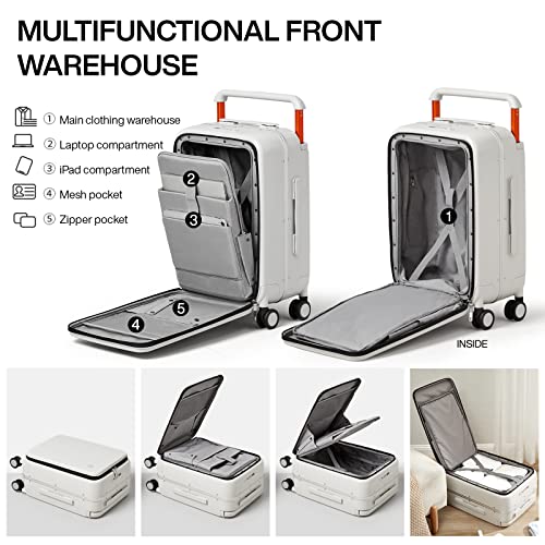 mixi Carry On Luggage 20'' Suitcase with Front Laptop Pocket, Wide Handle Rolling Travel Suitcases PC Hardshell with Aluminum Frame Spinner Wheels & TSA Lock, Carry-On Luggage(Smoke White)