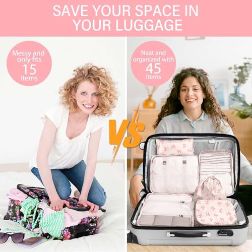 KPX 8 Set Packing Cubes for Travel, Luggage Packing Organizers Accessories Large Toiletries Bag for Clothes Shoes Cosmetics (8Set-Pink Bow)