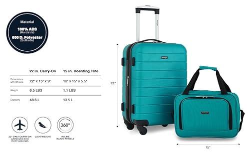 Wrangler Smart Spinner Hardside Luggage, 2 Piece Set, Teal