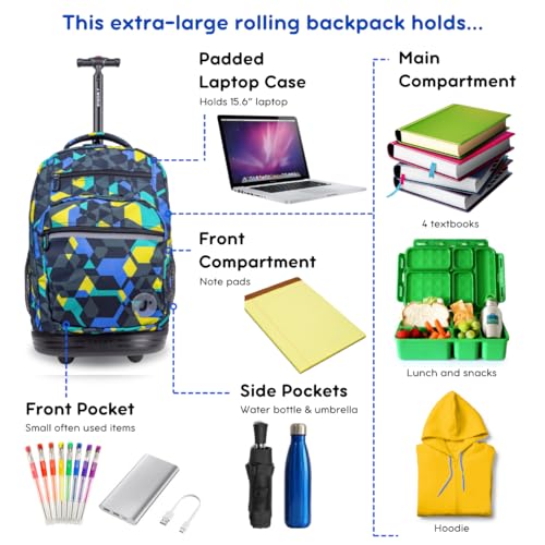 J World Sundance Laptop Rolling Backpack for Girls Boys. Roller Bookbag with Wheels, 20 Inch, Cubes