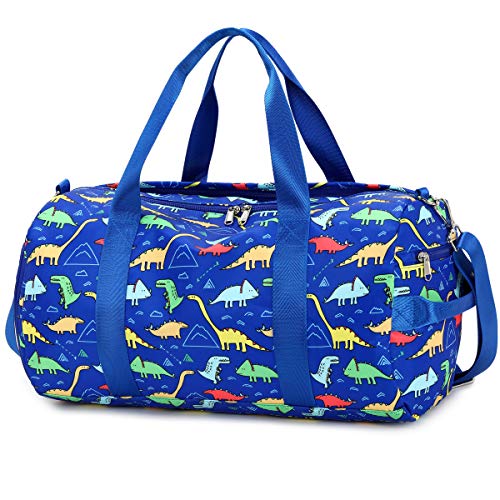 CAMTOP Kids Duffel Overnight Bag Boys Girls Toddler Weekender Carry-On Personalized Tote for Travel Gym Sport (Dinosaur-Dark Blue)