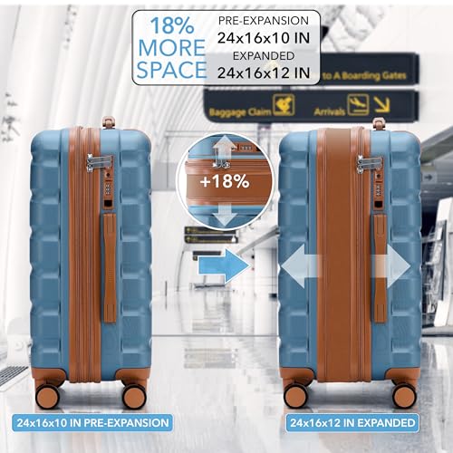 Flight Knight 24x16x10 Expandable Carry On Suitcase Hardside TSA Lock USB C Lightweight Luggage Silent Double Spinner Wheels Maximum Overhead Carry-On Bag For Virgin South West Approved Blue/Tan