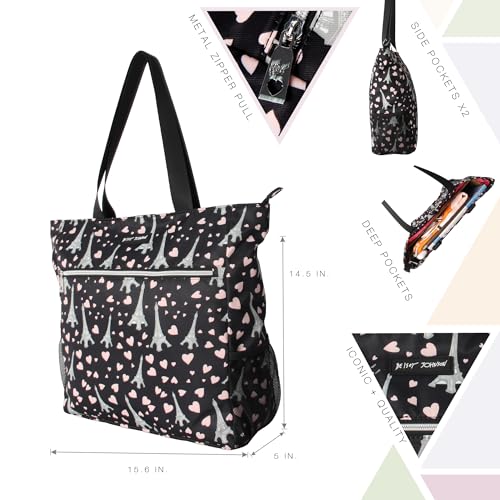 Betsey Johnson 15.6 Inch Zipper Beach Tote Bag with Cosmetic Pouch Lightweight Large Durable Polyester with Mesh Side Pockets for Gym Work, Paris Love